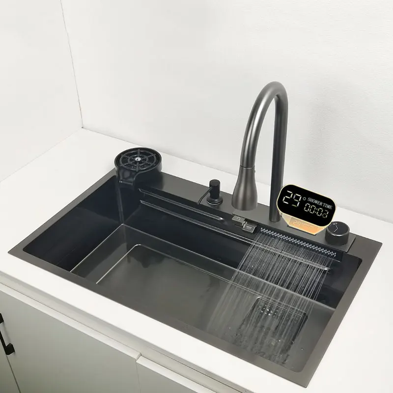 Waterfall Sink Kitchen Stainless Steel Topmount  Nano Sink with  chopping board LED display Waterfall Faucet Wash Basin smart kitchen sink stainless steel sink waterfall large nano multifunction wash basin with knife holder single bowl dishwasher