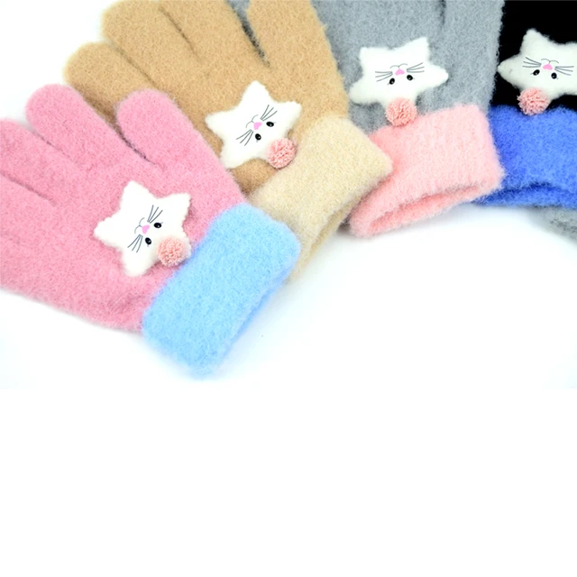 2 Paar Winterhandschuhe Für Kinder - Warme Strickhandschuhe Mit Katzen-Muster
