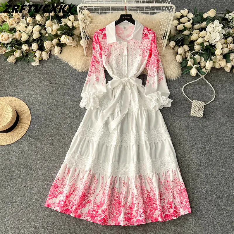 

Bohemain Flower Print Lace Up Belt Long Dresses Women's Spring Lapel Collar Flare Sleeve Lace Embroidery Patchwork Print Dress