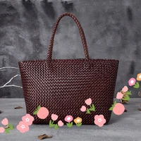 Women Leather Handbag Romantic Big Handmade Woven Totes Female Cowhide Big Holiday Bucket Bag Causal Beach Shoulder Handbags 1