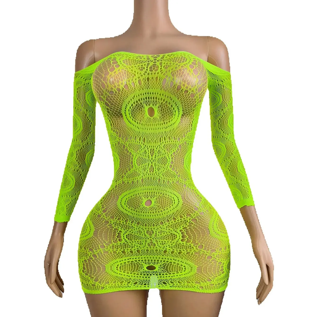 1PC Women Fishnet Cover Up Without Bikini Sexy Lingerie See Through Hollow Out Bodycon Dress Long Sleeve Beachwear Qq568 6
