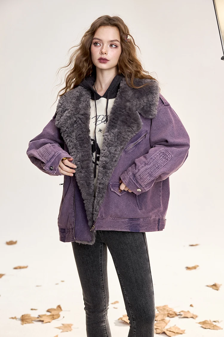 ELFSACK Y2K Vintage Casual Solid Plush Lined Lapel Coat For Women