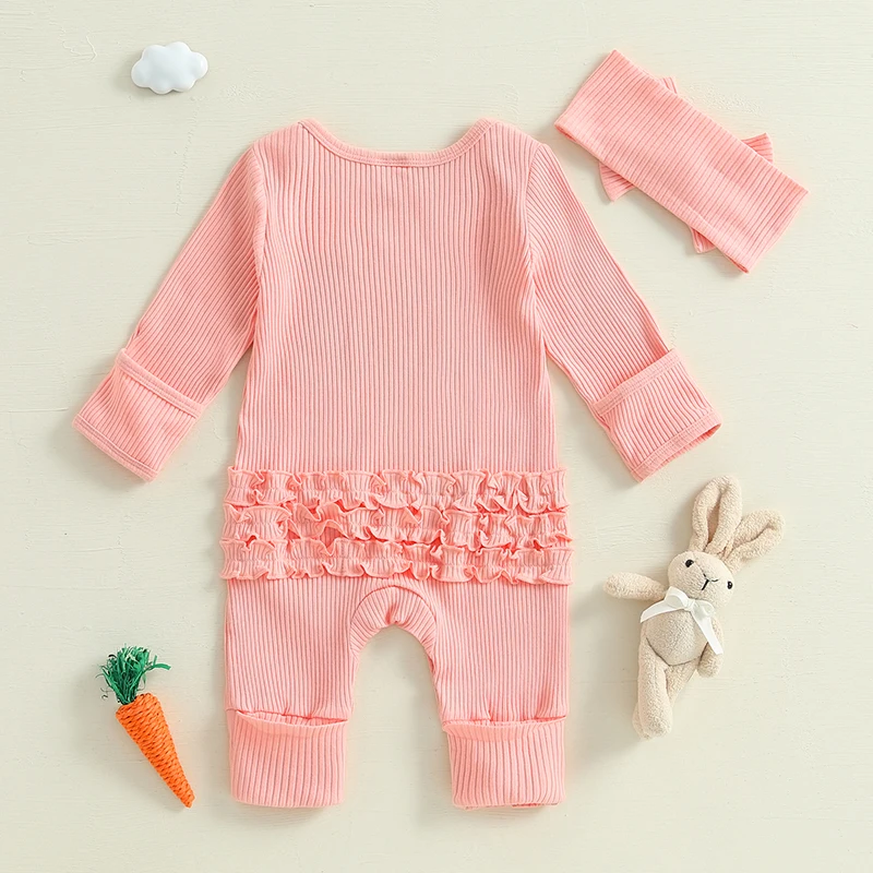 Pudcoco Baby Girls Rompers Easter Clothes Letter Rabbit Print Frills Infant Bodysuits Jumpsuits with Headband 0-6M