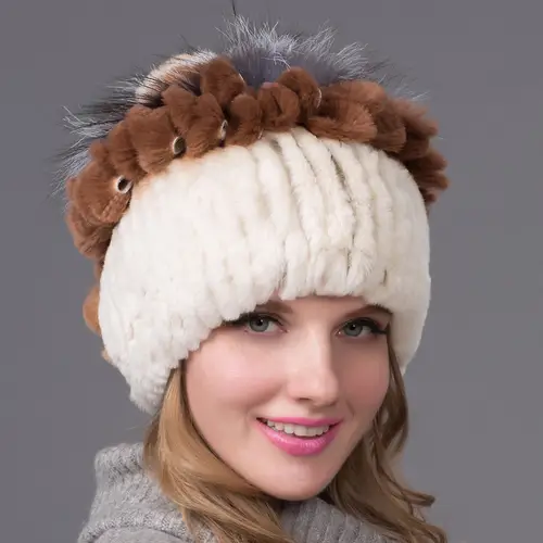 New High-Quality Warm Rabbit Fur Hat Fashionable Fox Fur Knitted Ear Protection Floral Fur Woven Hat - Image 2
