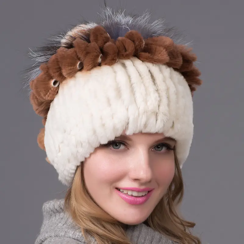 New High-Quality Warm Rabbit Fur Hat Fashionable Fox Fur Knitted Ear Protection Floral Fur Woven Hat - Image 2