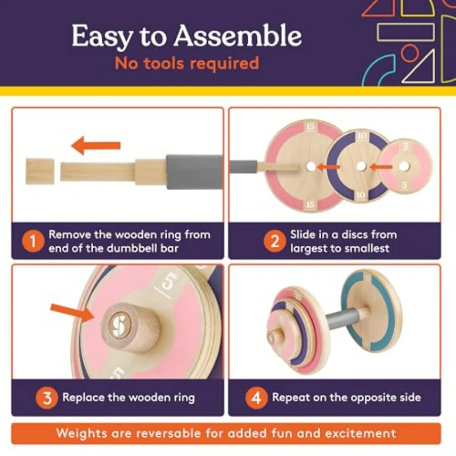 Kids Wooden Workout Play Weights Set - Adjustable Dumbbells Set for Home Gym Equipment, Exercise Workout Set for School or Home