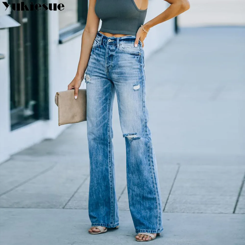 

spring 2022 womens high waist ripped hole Women's Wide leg jeans baggy straight woman denim capris Pants jean mom jeans trousers