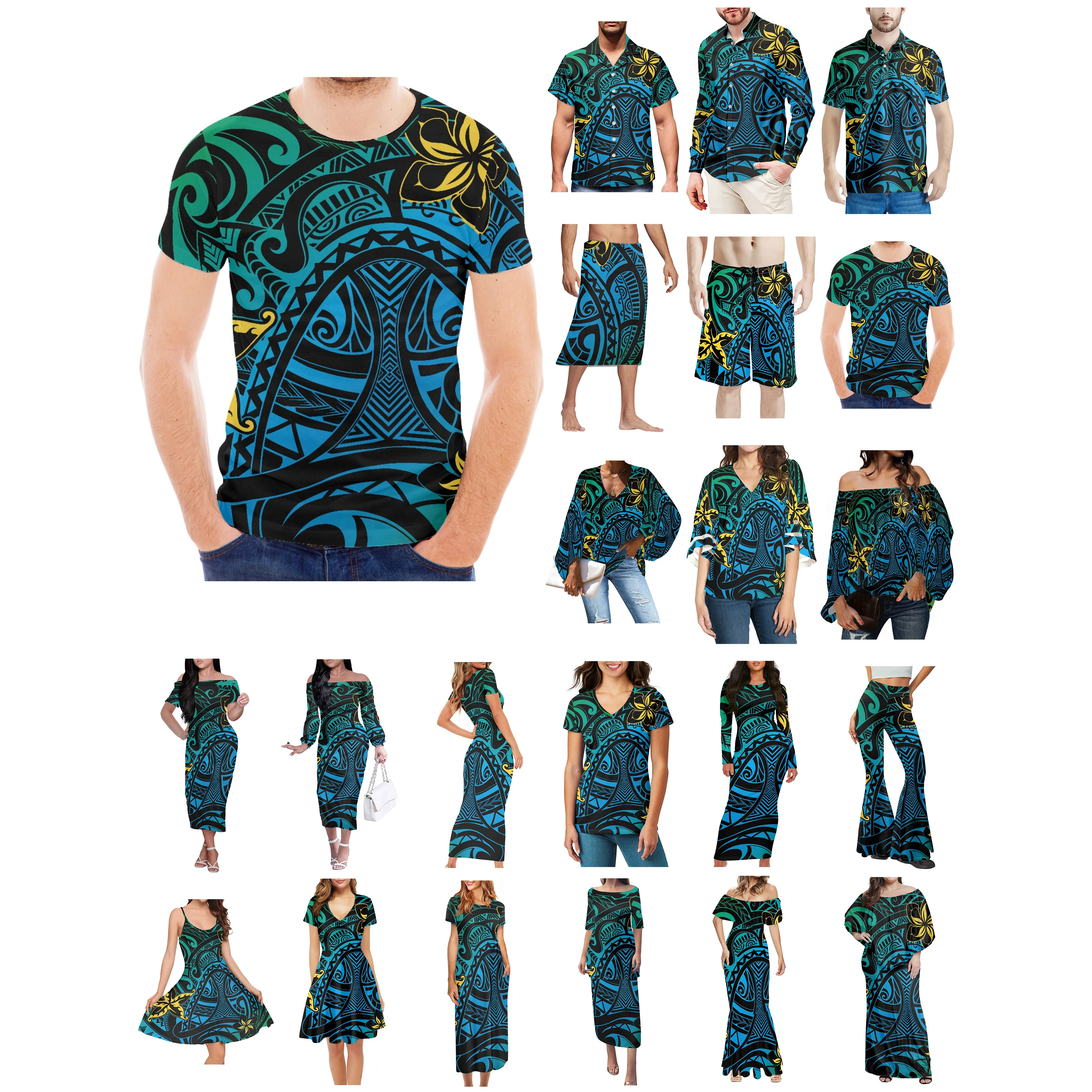 

Полинезийский Тонга, Гаваи, Фиджи, Гуам, Самоа, понпей, племенные тату-принты, одежда, женское платье, подходящая Мужская рубашка, синяя одежда для влюбленных
