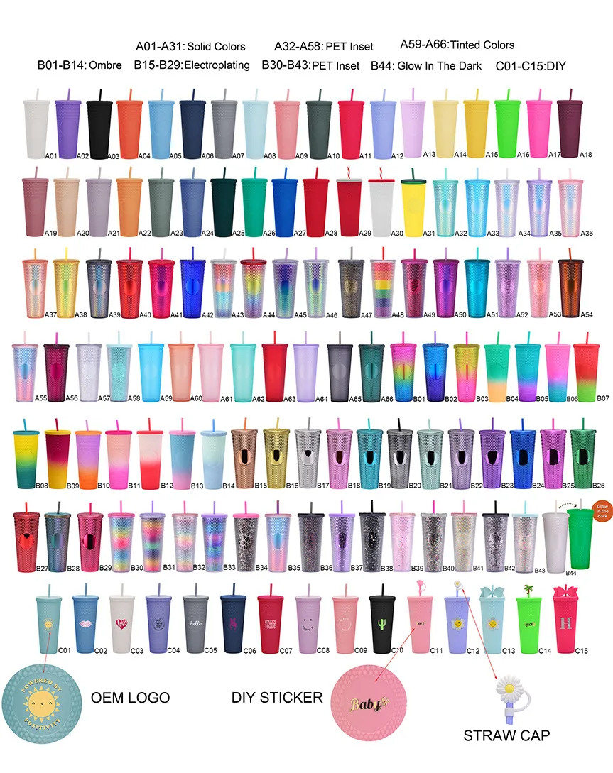 Plastic Glitter Cup 700ml 710ml 24oz Double Wall Durian Tumbler
