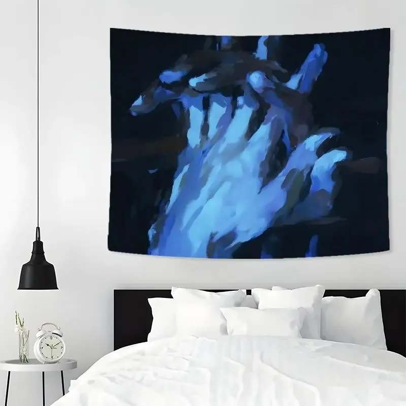 Abstrakter blauer handgefertigter Wandteppich, minimalistische dunkle Kunst, Wandbehang aus Polyester, emotionale Dekoration, Schlafzimmer-Wanddekoration – Detail 1