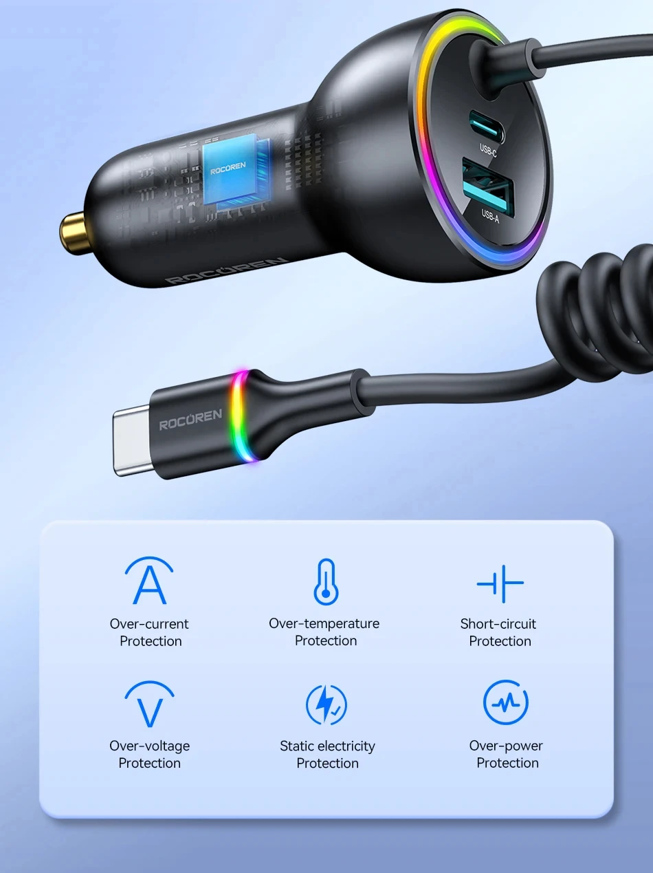 Rocoren 70W Auto-Batterieladegerät USB Typ C mit Spiralkabel Schnelle Ladestation Typ-C Schnelladapter für iPhone 17 16 Xiaomi – Detail 15