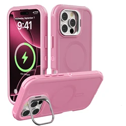 Ultimate 3-in-1 Shockproof Rugged Phone Case with Metal Lens Stand and Magnetic Magsafe Cover for iPhone 15 Plus (Pink)