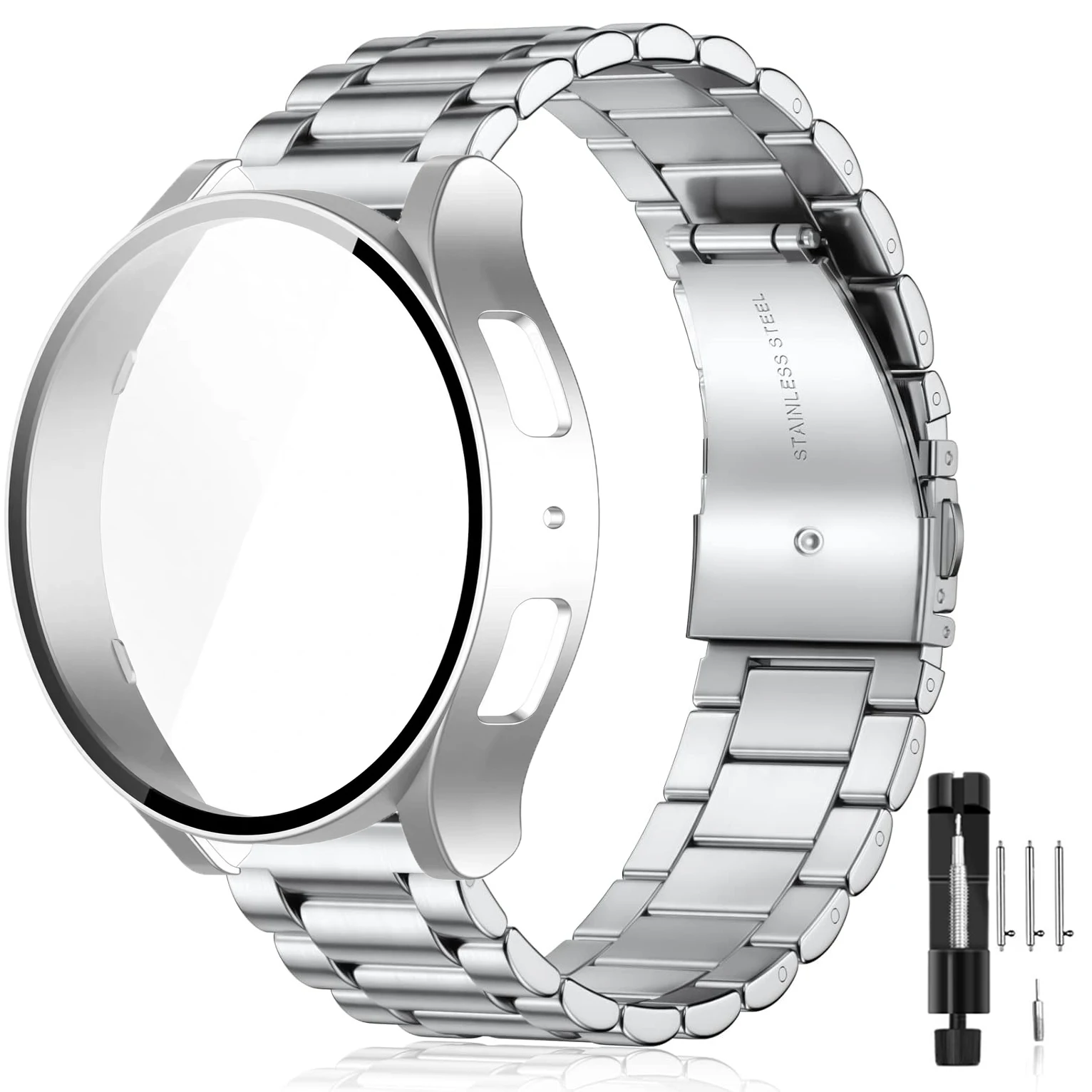 Rhinestone Watch Strap with Tempered Glass Protective PC Case & Metal Band