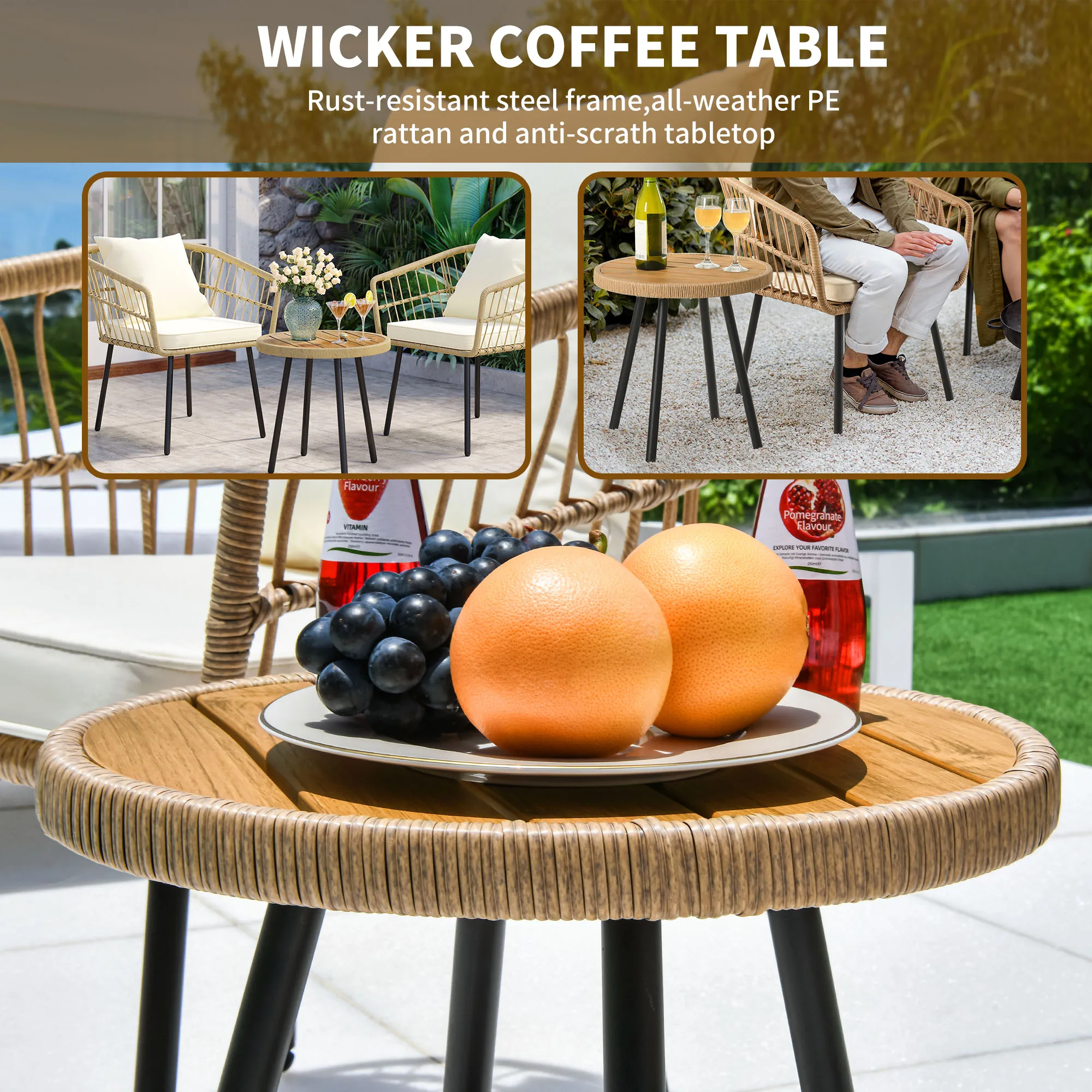 3 Pieces Outdoor Patio Furniture Sets Sectional Sofa Rattan Chair Wicker Coffee Table Set