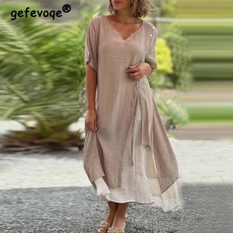 

Women's Clothing Vintage Asymmetric Patchwork Lace Up Casual Dresses 2023 Summer V Neck Short Sleeve Loose Beach Midi Dress Robe