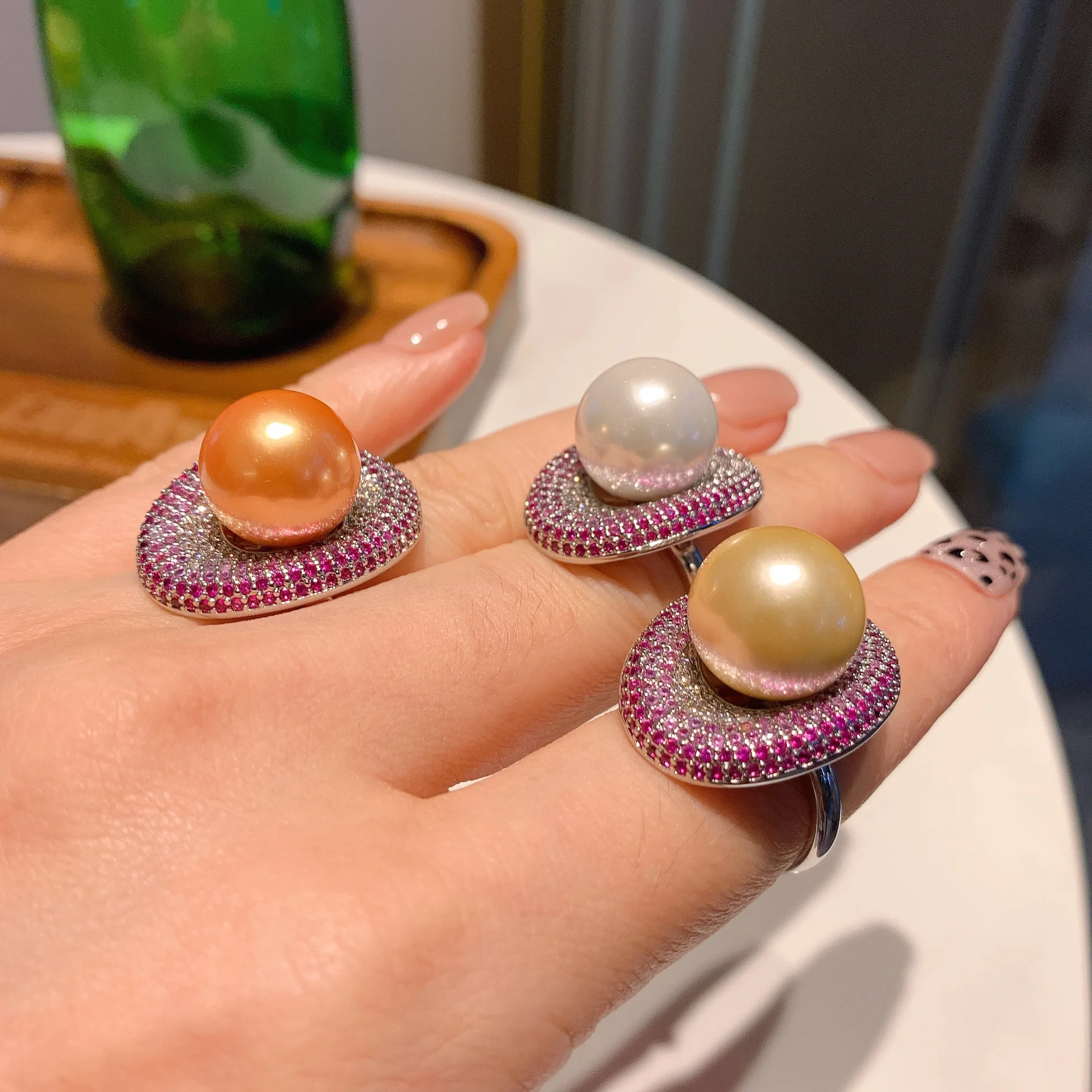 

huge AAAAA++++10-11mm 11-12mm New Genuine Natural akoya round white gold Pearl Ring 925S Adjust gift box