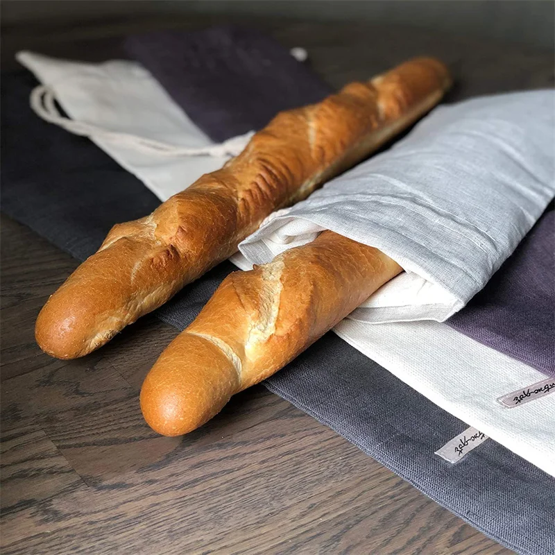 리넨 빵 가방, 재사용 가능한 드로스트링 백, 수제 장인 빵 보관 가방, 바게트용 리넨 빵 가방