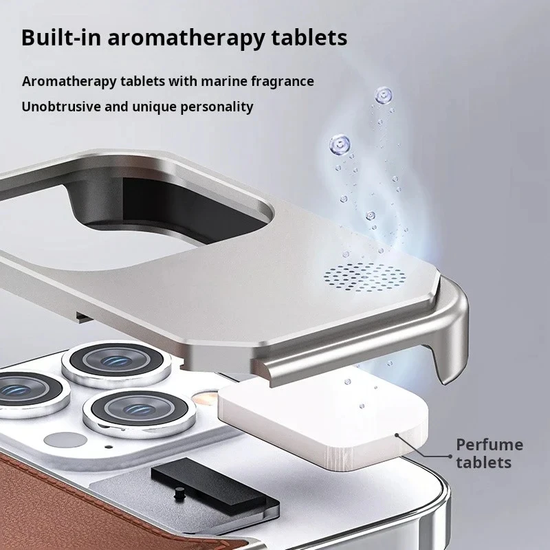 Aluminum Alloy Metal Aromatherapy Leather Case For Apple iPhone 15 14 13 Pro Max Magnetic Heat Dissipation Protection Back Cover
