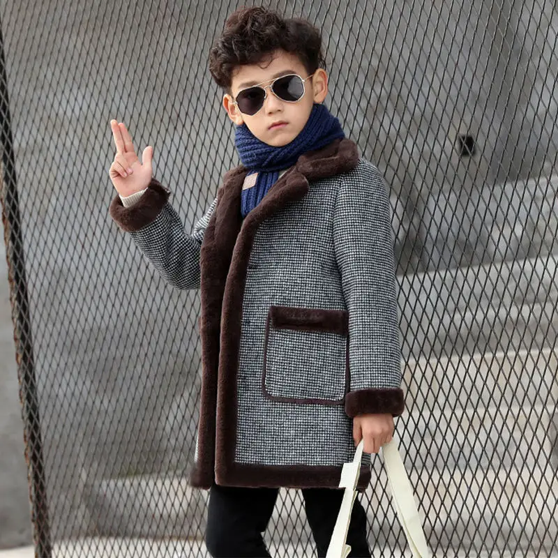 New Autumn Winter Boys Fashion Woolen Plus Velvet Thickened Children's Coats Kids Handsome Jackets Warm Casual Outerwear