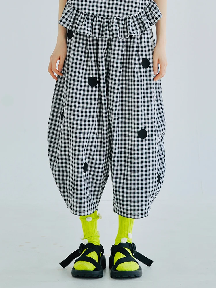 imakokoni 2022 original casual polka dot plaid tapered pants loose spring women's trousers elastic waist check cropped trousers harajuku girl cow print black and white check overalls overalls casual street hip hop trousers baggy pants female fun suspenders