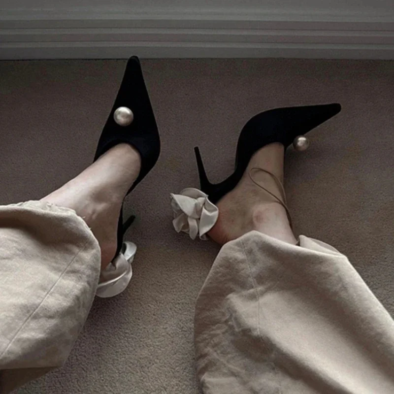 French New Pointed Satin Pearl High Heels Women's Fine Heels Celebrity Banquet White Rose Headed Back Air Sandals