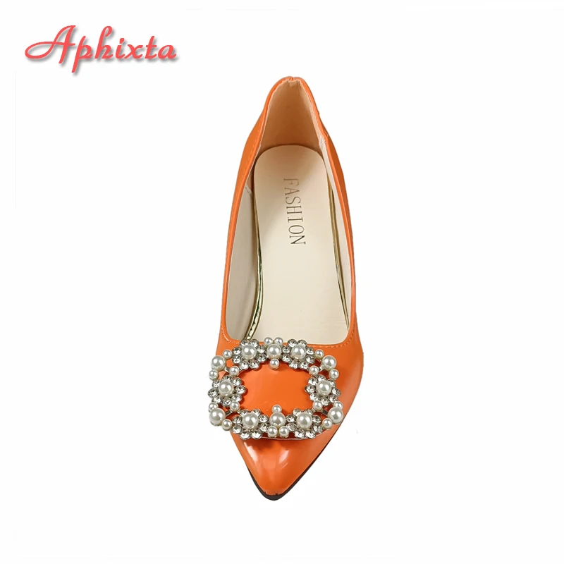 Aphixta New Orange Luxury Pearl Buckle Women's Pumps 7cm Square Heel PU Leather Officile Pointed Toe Shoes Super Big Size 49 50