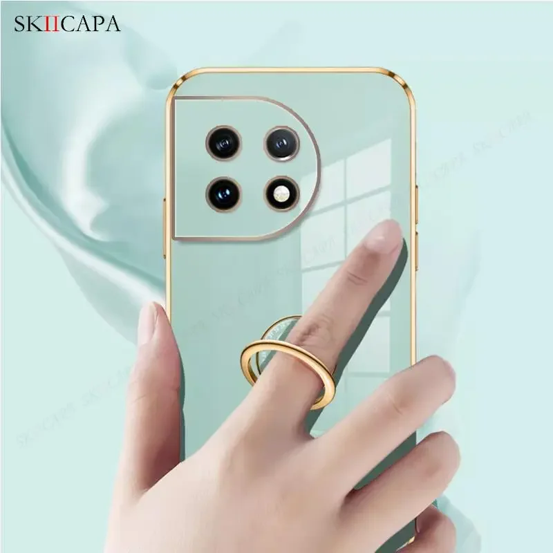 Enhanced Plating Silicone Lanyard Phone Case with Ring Holder - Soft Back Cover
