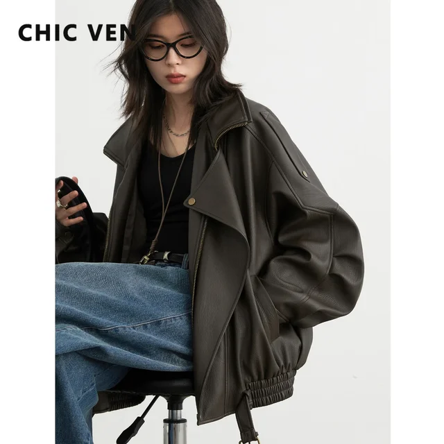 CHIC VEN Female PU Jacket Solid Loose New Retro Standing Collar Motorcycle Faux Leather Coat Female Top Spring Autumn 2026 1