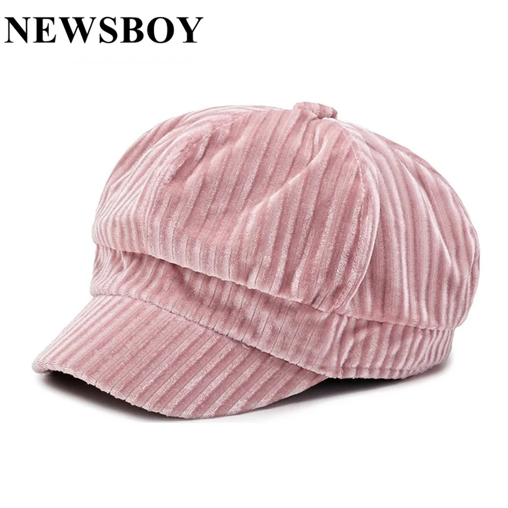 

NEWSBOY Velvet Hat Women Pink Beret Casual Painter Cap Female Solid British Style Autumn Winter Classic Hats For Ladies