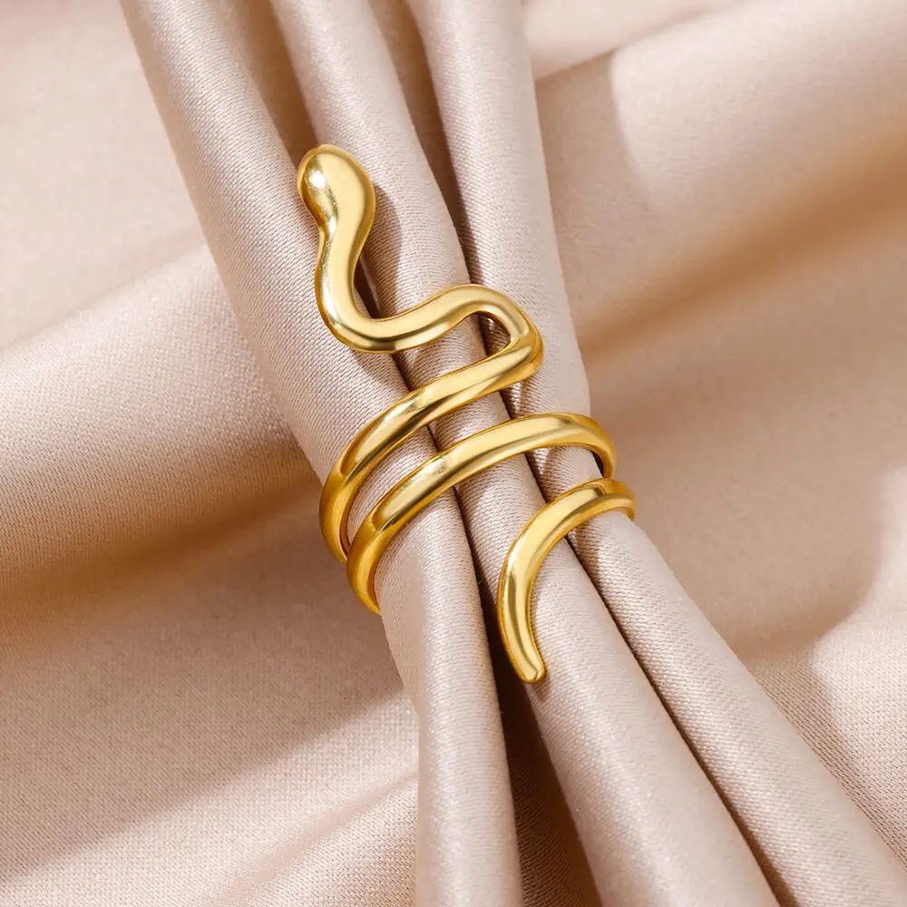 Stainless Steel Snake Rings For Women Men Gold Plated Open Adjustable Zircon