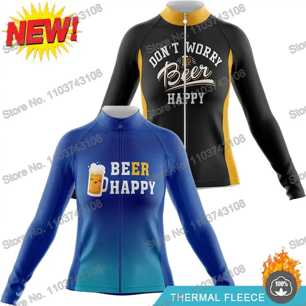 Beer Happy Cycling Jersey Winter Cycling Clothing Women Road Race Bike Shirt Autumn Long Sleeve MTB Bicycle Thermal Jacket