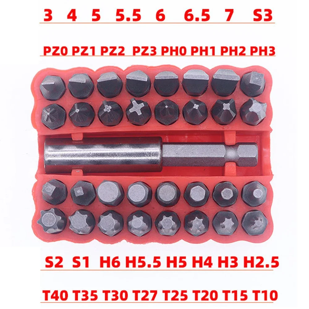 33pcs/Lot Magnetic Security Screwdriver Bit Set 1/4" 6.35mm Torq Torx Hexagonal Star Spanner Electric Holder Bits for Screwing