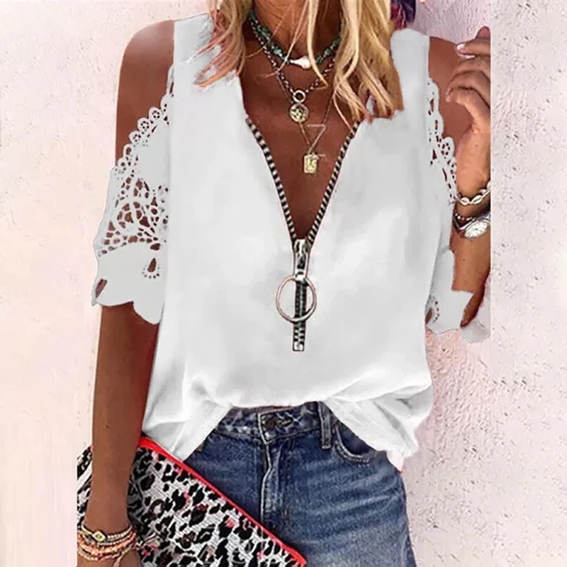 Summer-V-neck-Lace-Zipper-Bouse-with-Hollow-Out-Short-Sleeve-Casual ...