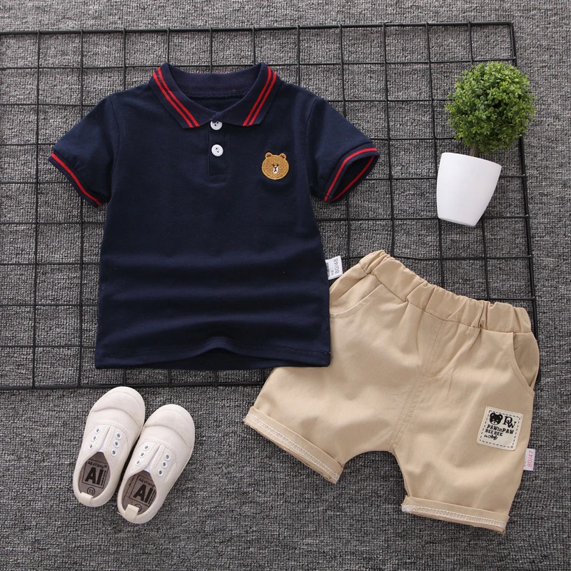 Одежда для маленьких мальчиков, летняя детская одежда, комплекты рубашек-поло, футболка с коротким рукавом для мальчиков, детский спортивный костюм, 2 шт., хлопковая ткань
