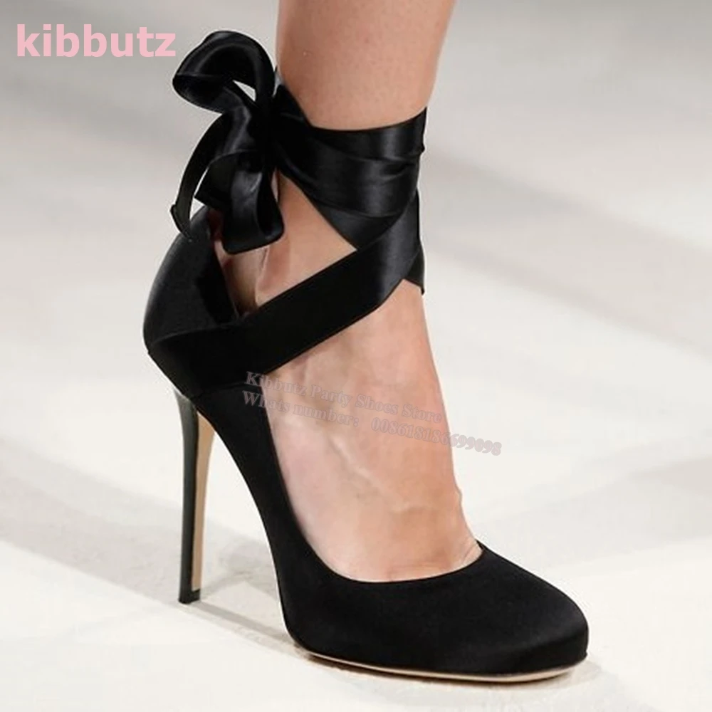 

Satin Mary Jane Ballet Pump Shoes Cross Strap Square Toe Thin Heels Solid Color Black Lace-Up Elegant Concise Women Shoes Newest