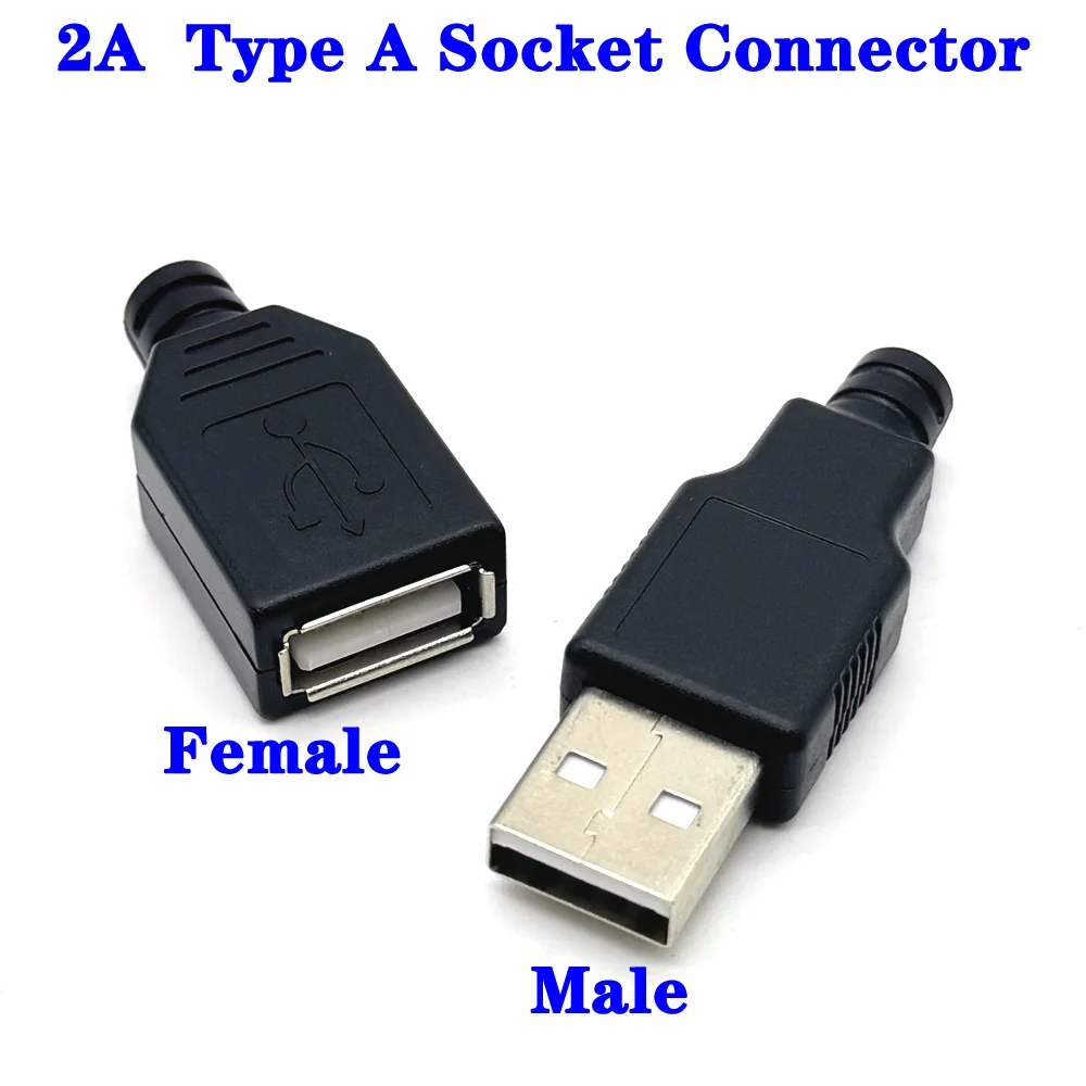 2A 유형 A 남성 여성 USB 4 핀 플러그 소켓 커넥터 검정색 플라스틱 커버 유형-A DIY 키트