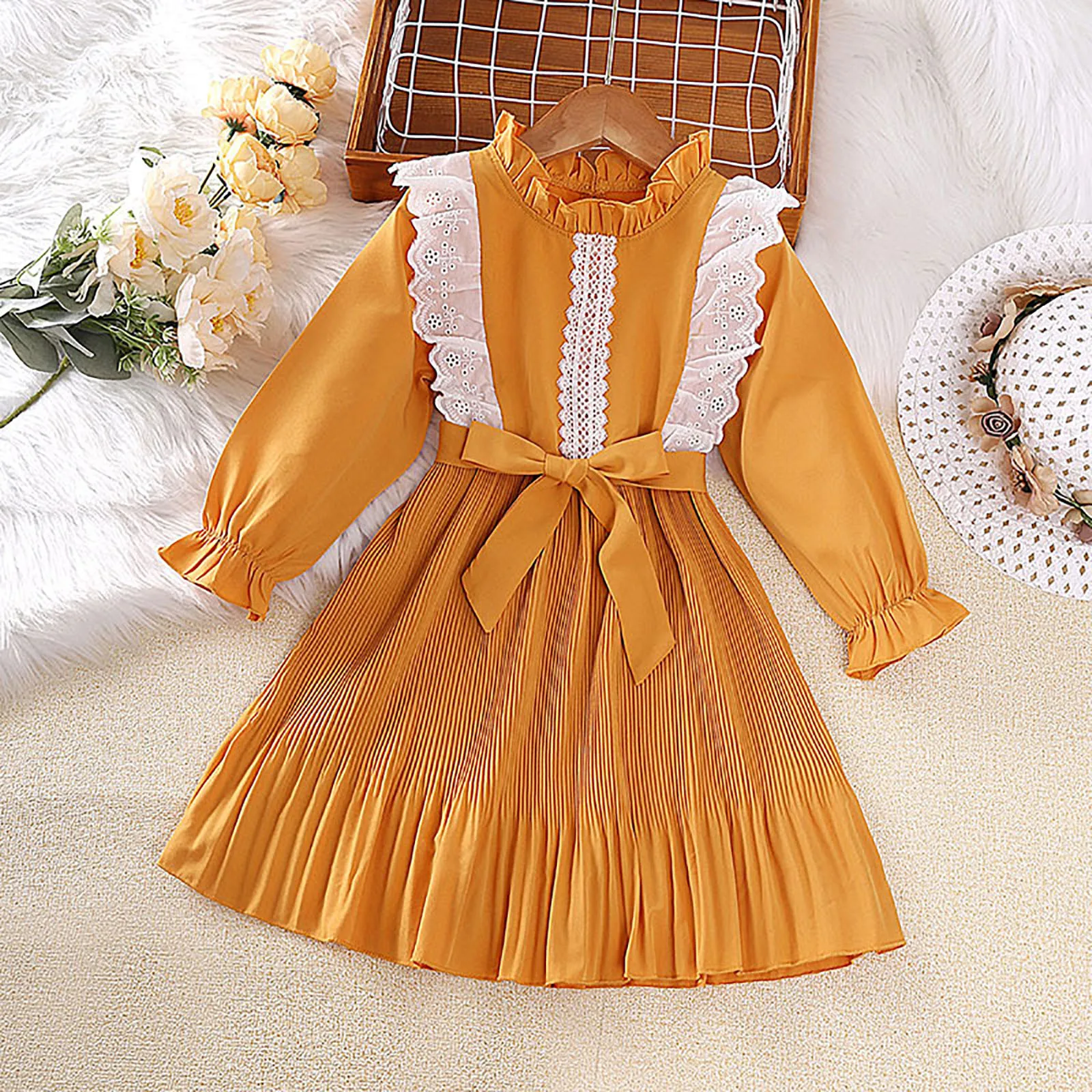 

Spring Toddler Kids Girl Dress With Belted Long Sleeve Ruffles Bow Princess Dresses For Girls 2-7Y Princess Children Clothing