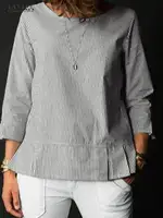 ZANZEA Stylish Women O Neck 3/4 Sleeve Blouse Autumn Striped Shirt Elegant Ruffles Work Blusas Casual Holiday Tops Tunic Chemise - Image 3