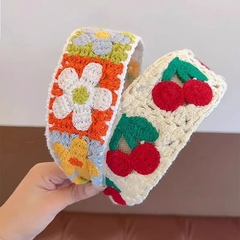 Sweet Flower Embroidery Kids Hair Hoops Colorful Knit Woolen Autumn Winter Wide Hairband for Girl Headwear hair bands hair accessories hair headband accessories