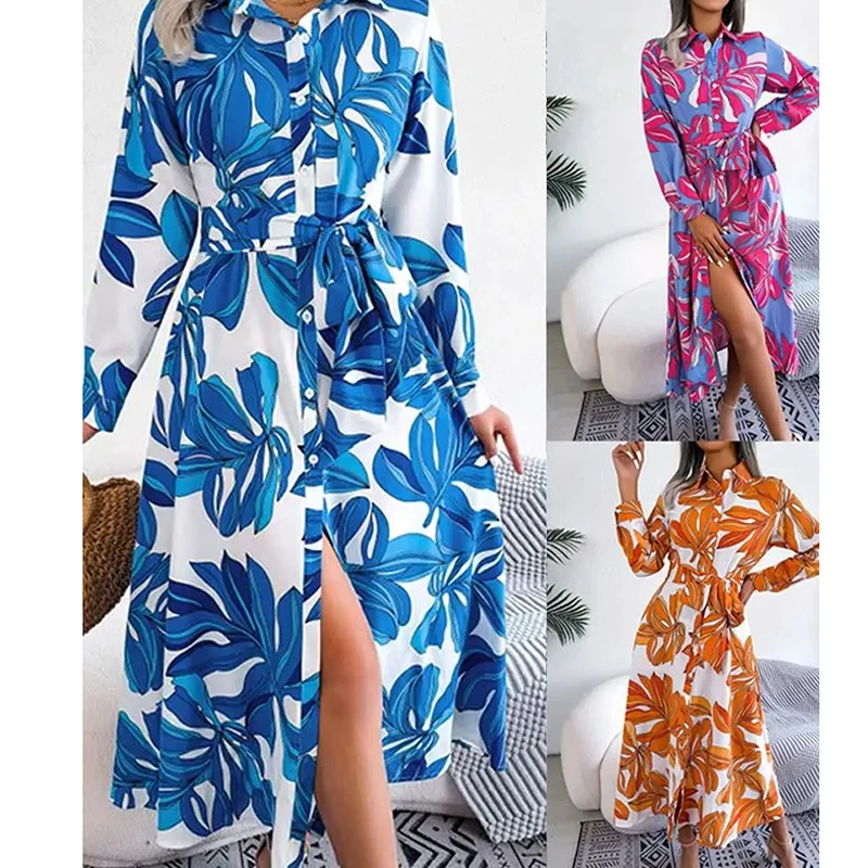 

Fashion Print Single Breasted Women's Long Dress Turn-down Neck Full Sleeve Dresses Beach Holiday Loose Clothes Ladies