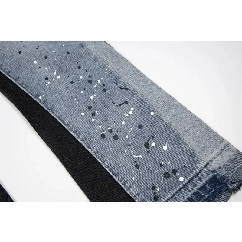 Men and Women Jeans Trousers High Street Splashed Ink Ripped Patchwork American Straight Slim Micro-Flared