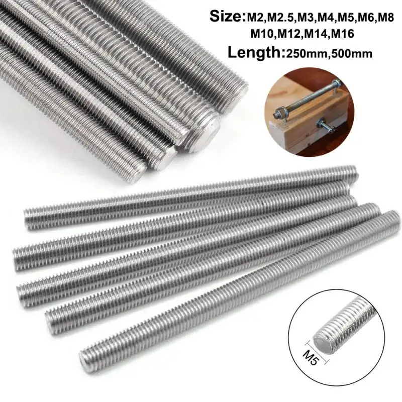 1pcs 304 Stainless Steel Threaded Rod Bolt M2-M20 250mm/500mm