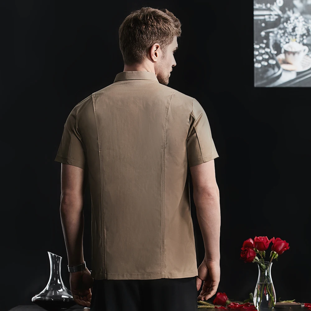 Khaki Chef Uniform Catering Workwear Head Chef Shirts Cooking Coat Chef Jacket Summer Restaurant Barber Shop Waiter Shirt Apron - Image 5