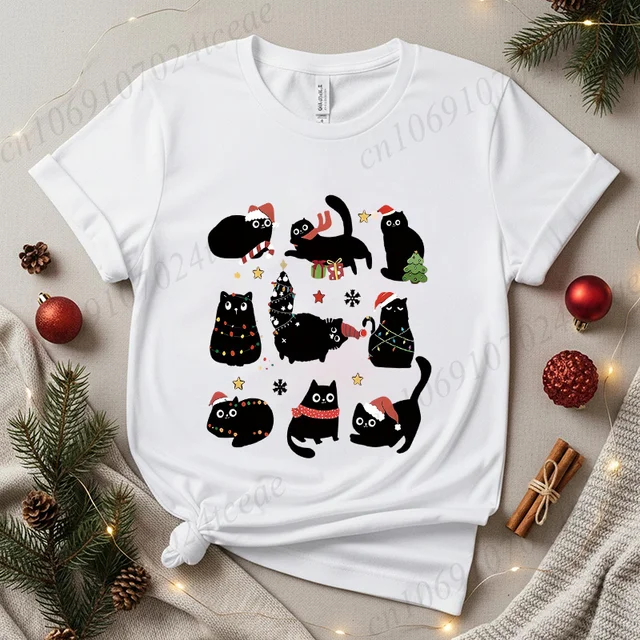 Cute Black Cat Christmas Shirt Clothes Funny Holiday Cats with Santa Hats Lights T-Shirts Graphic Tee Tops Xmas Party Clothing 2