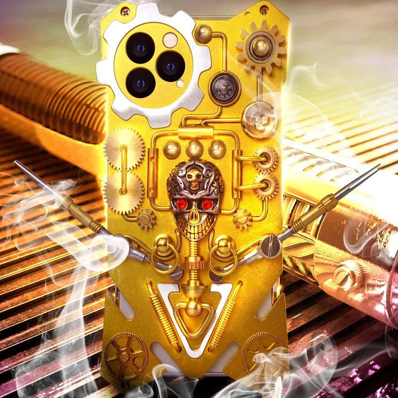 

Hot Gold DIY Gear Steampunk Skull Metal 11 Pro Max For iPhone 11 Coque 11Pro Funda For iPhone X Xr Xs Max CASE Cover