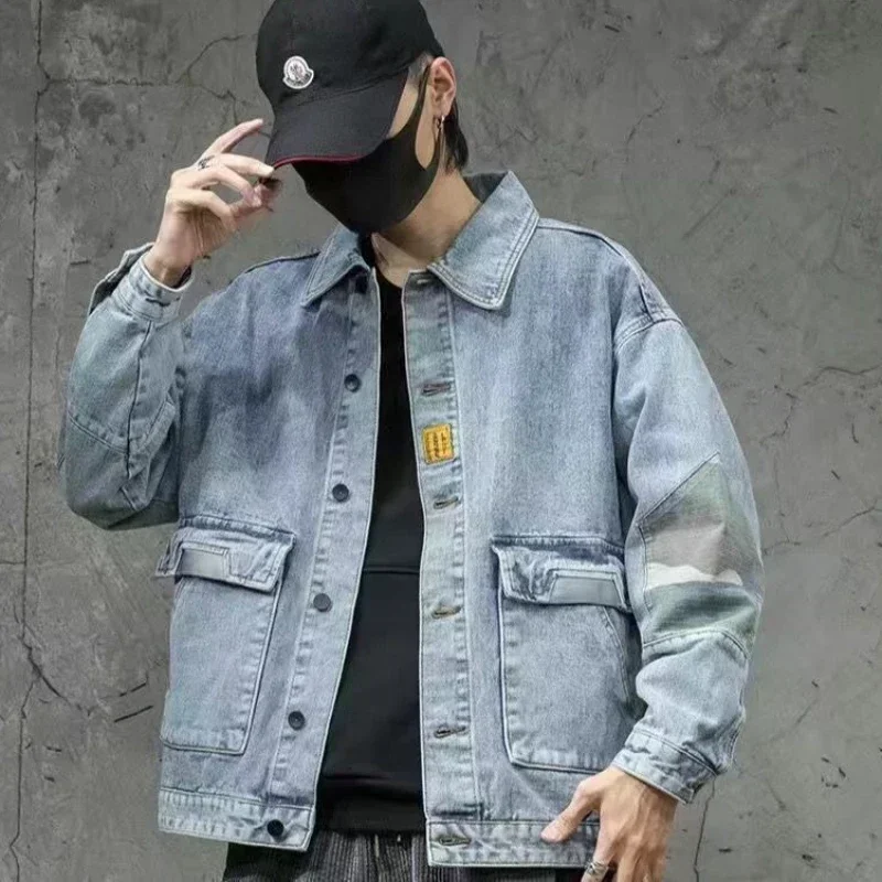 Abrigos de mezclilla para hombre, chaqueta vaquera de camuflaje para hombre, con botones empalmados, estilo cargo coreano, lavado, talla grande, alta calidad, marca de diseñador