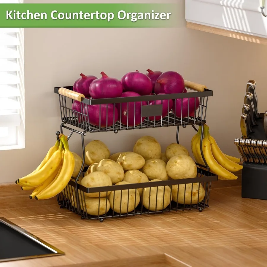 2 Tier Fruit Basket for Kitchen Counter with 2 Banana Hangers Countertop Metal Fruit Bowl with Wooden Handle Large Storage Stan