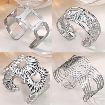 Chunky Geometric Bangles Bracelets for Women Stainless Steel Cuff Bangle Bracelet Femme Fashion Waterproof Jewelry Gifts
