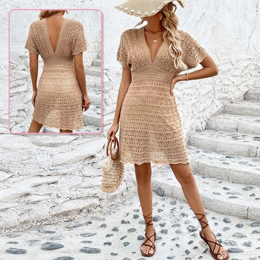 Fashion V Neck Summer Sunscreen Smock Hollow Out Loose Swimsuit Cover Up Dress Bathing Suit Vacation Bikini Cover-Ups for Women 5