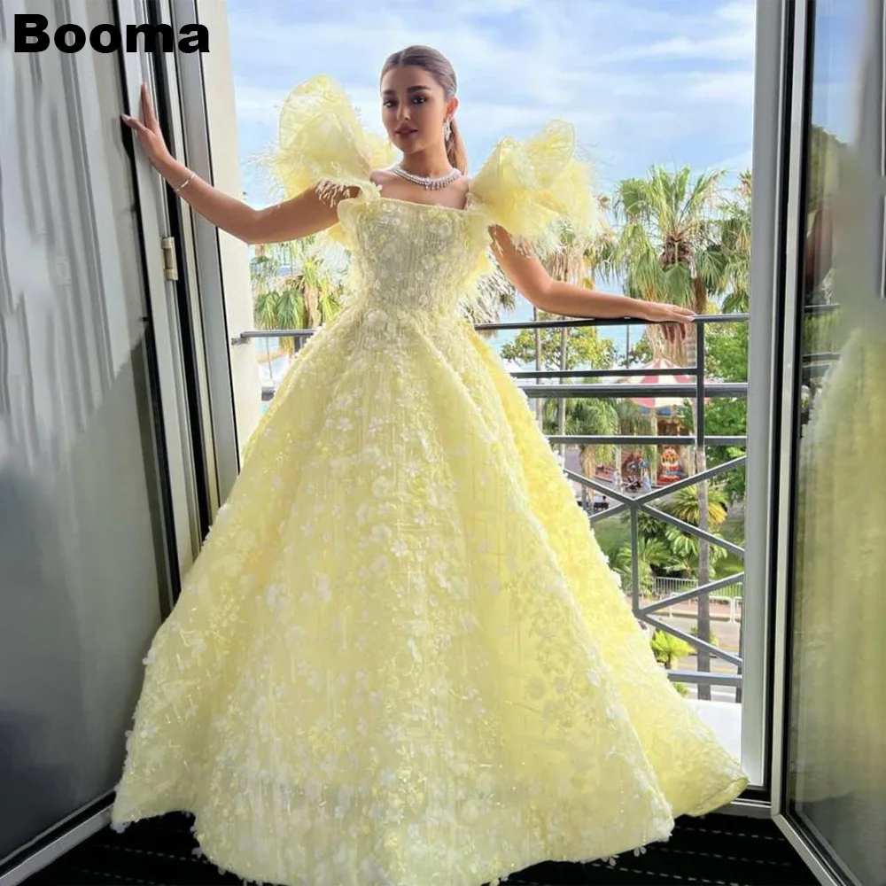 

Booma Light Yellow A-Line Prom Dresses Sleeveless Flowers Feathers Elegant Party Evening Dresses for Women vestidos de gala
